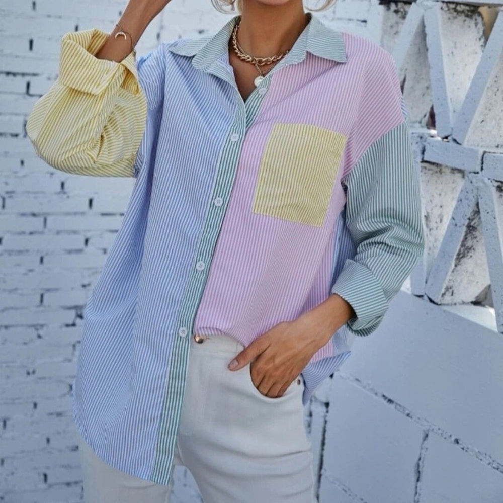 SHEIN Pastel Striped Button-Down Shirt